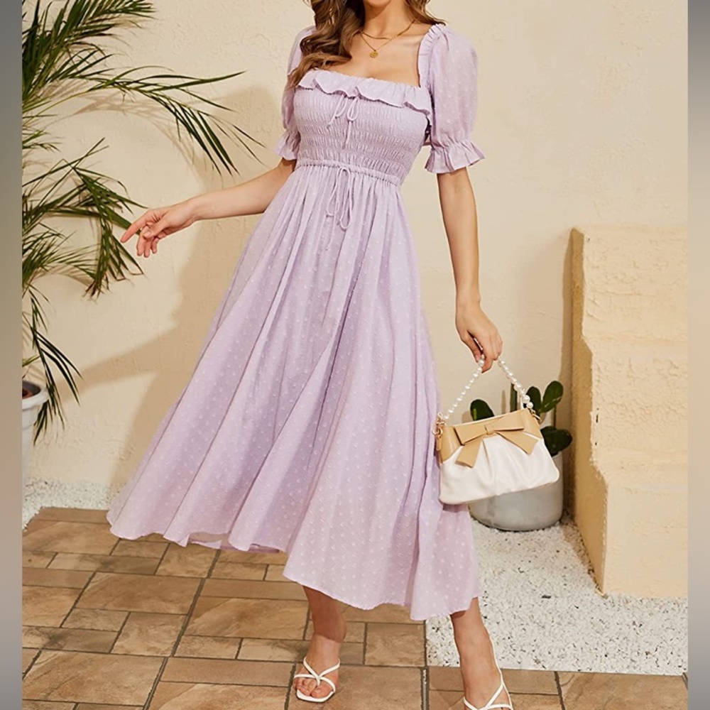 EUC | Square Neck Ruffled Summer Beach Flowy Maxi Dresses Lavender | XL